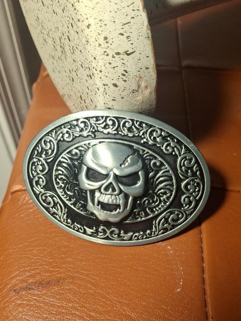 Men's Silver Skull Oval Belt Buckle - Ornate Gothic Accent